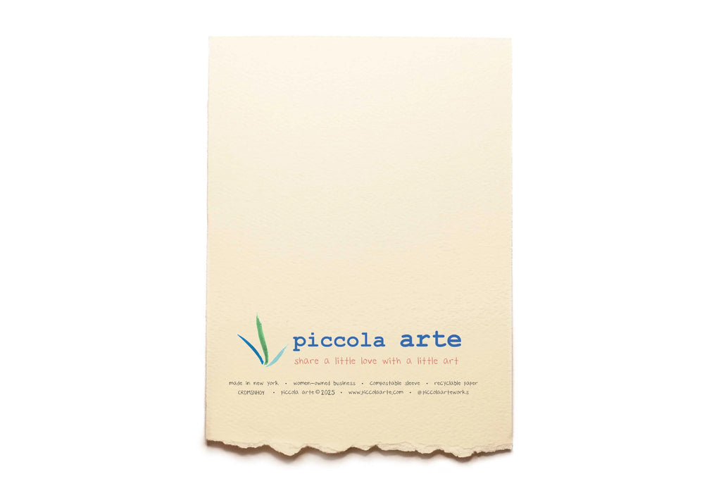 The back of a greeting card from piccola's arte.