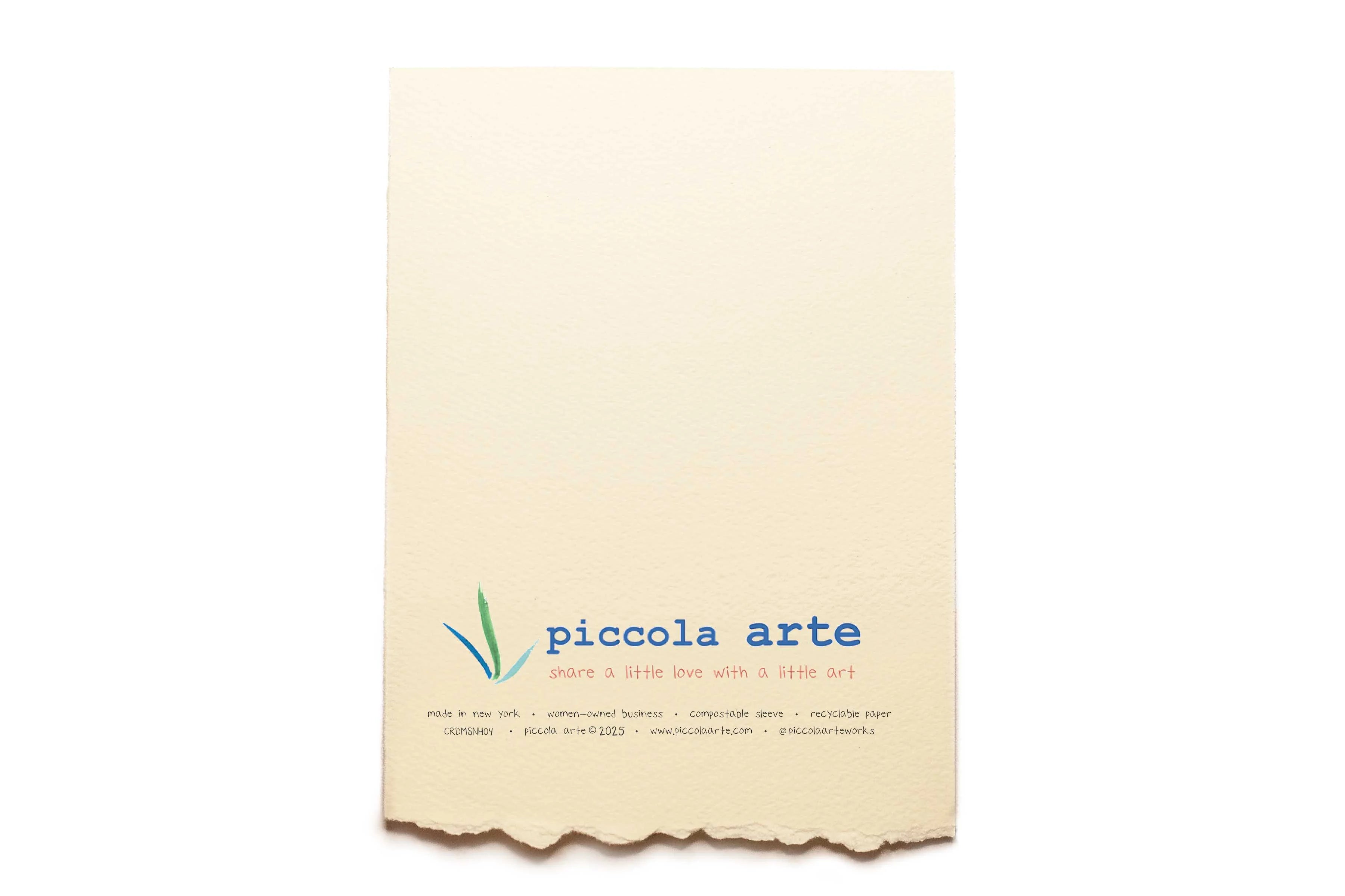 The back of a greeting card from piccola's arte.