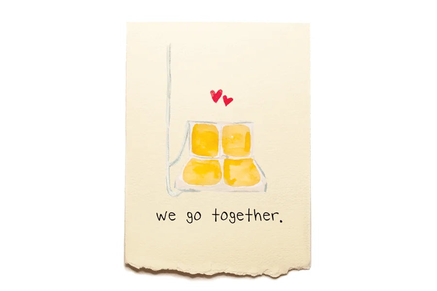 Card with two yellow squares and hearts above, text 'we go together' on a beige background