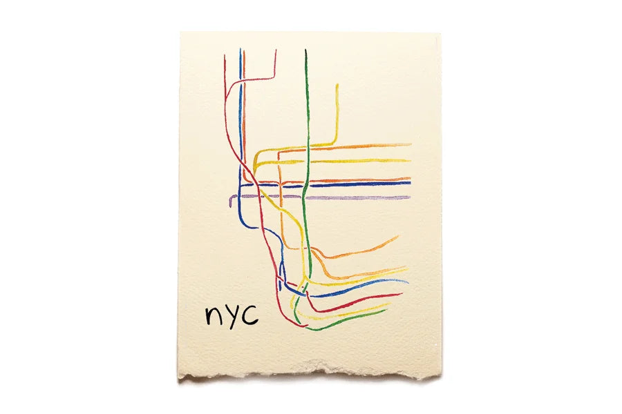 Colorful subway line diagram on a beige background with 'nyc' text.