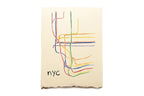 Colorful subway line diagram on a beige background with 'nyc' text.