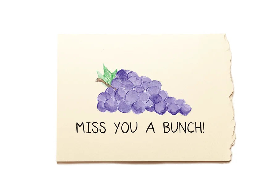 Note with purple grapes illustration and 'Miss You A Bunch!' text on beige background