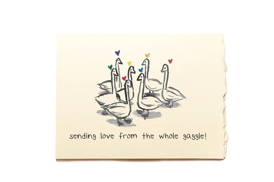 Card with illustration of geese and text 'sending love from the whole gaggle!' on a beige background