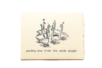 Card with illustration of geese and text 'sending love from the whole gaggle!' on a beige background