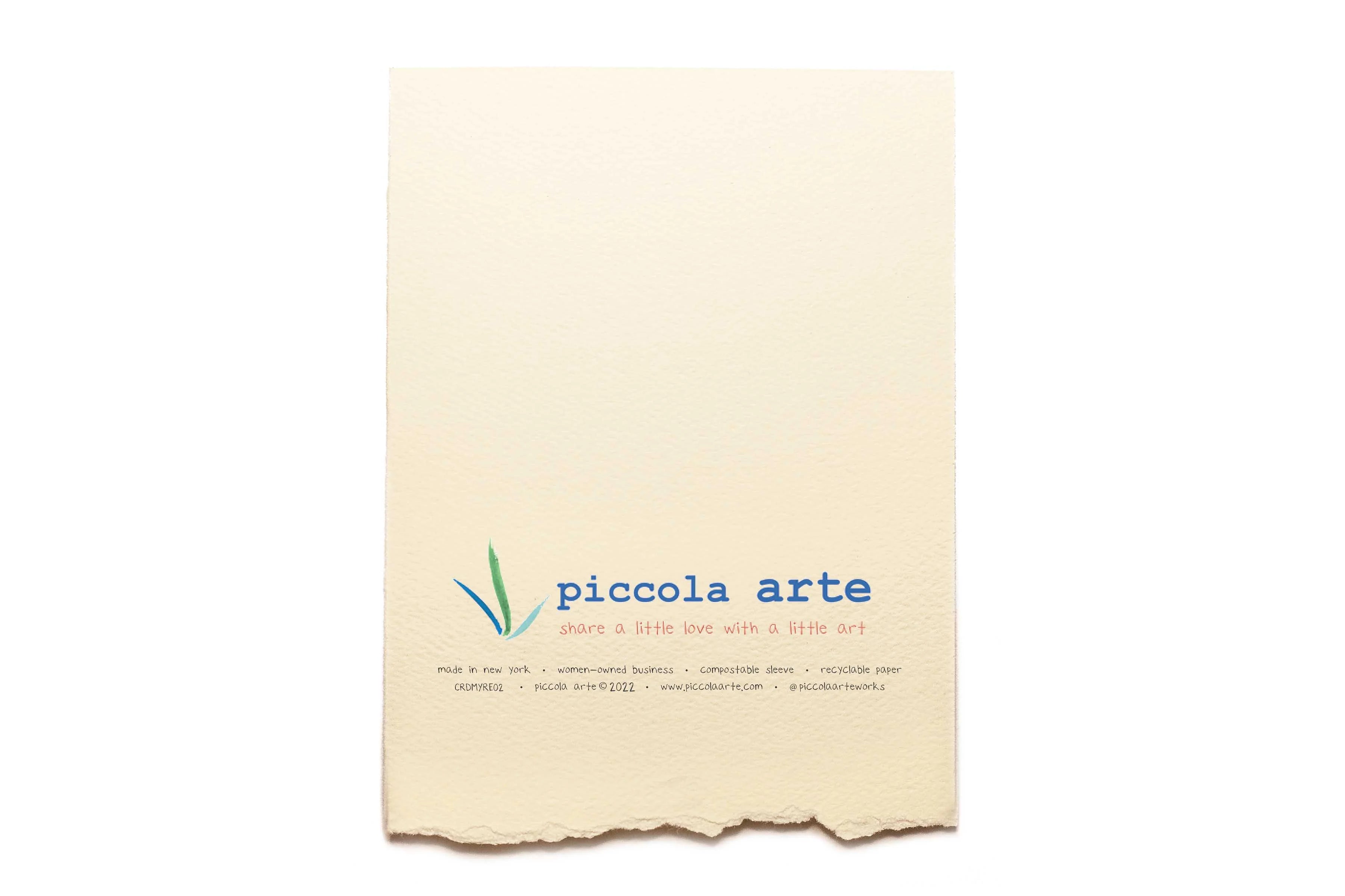 The back of a greeting card from piccola's arte.
