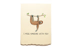 Card with a sloth illustration and text 'I Miss Hanging With You' on a beige background