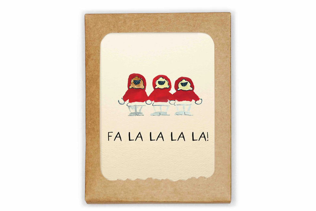 Card with three cartoon characters in red hats and snow boots, with 'FA LA LA LA LA!' text, on a kraft paper background.