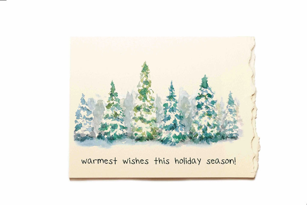 Holiday card with watercolor trees and 'warmest wishes this holiday season!' text on a white background
