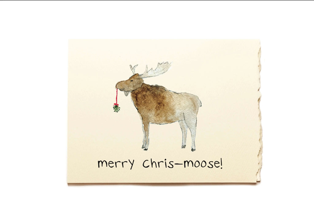 Card with a moose illustration and 'merry chris-moose!' text on a beige background