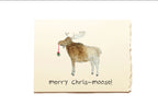Card with a moose illustration and 'merry chris-moose!' text on a beige background