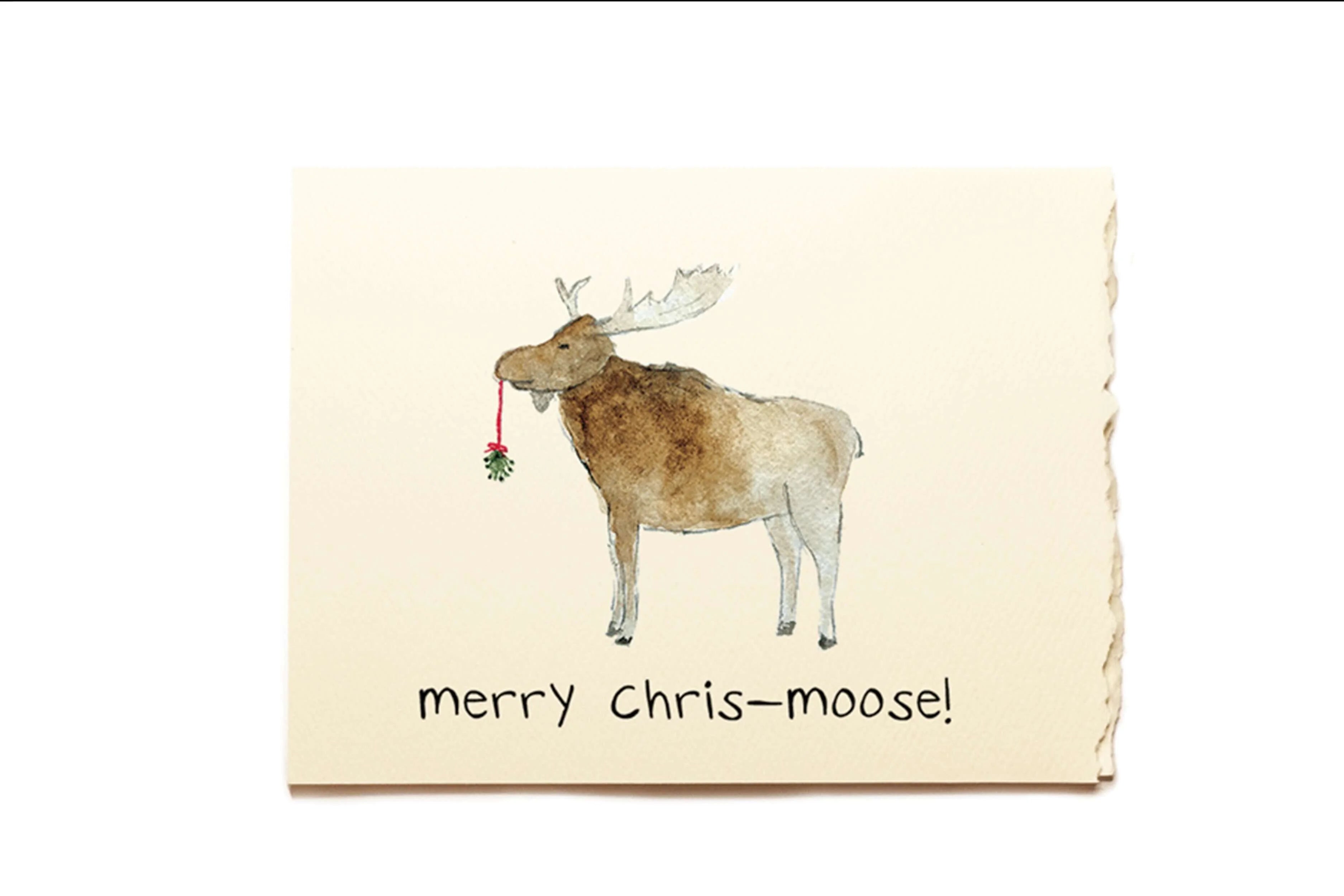 Card with a moose illustration and 'merry chris-moose!' text on a beige background