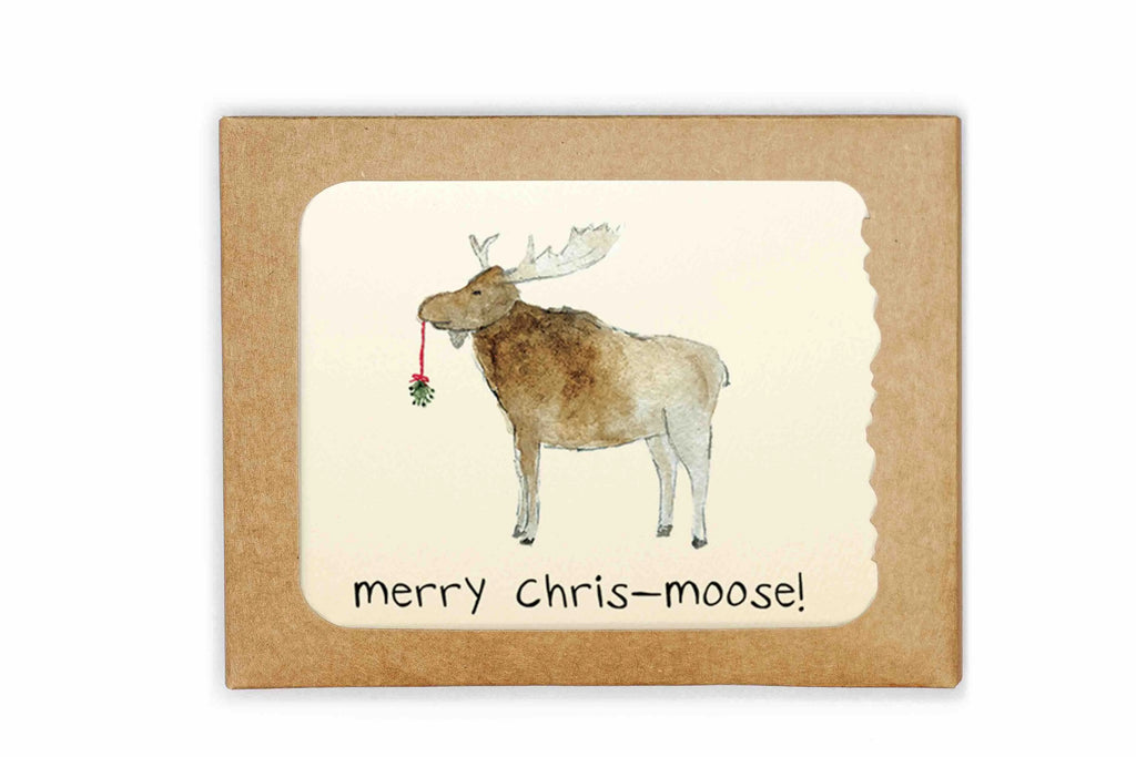 Card with a moose holding a Christmas ornament and 'merry chris-moose!' text on a kraft paper background.