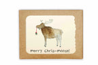 Card with a moose holding a Christmas ornament and 'merry chris-moose!' text on a kraft paper background.