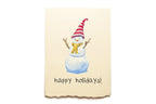 Greeting card with a snowman illustration and 'happy holidays!' text on a beige background