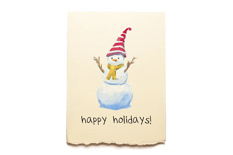Greeting card with a snowman illustration and 'happy holidays!' text on a beige background