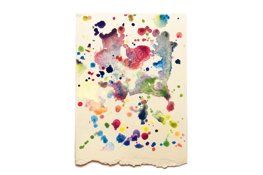 Colorful abstract splatter design on a textured beige background