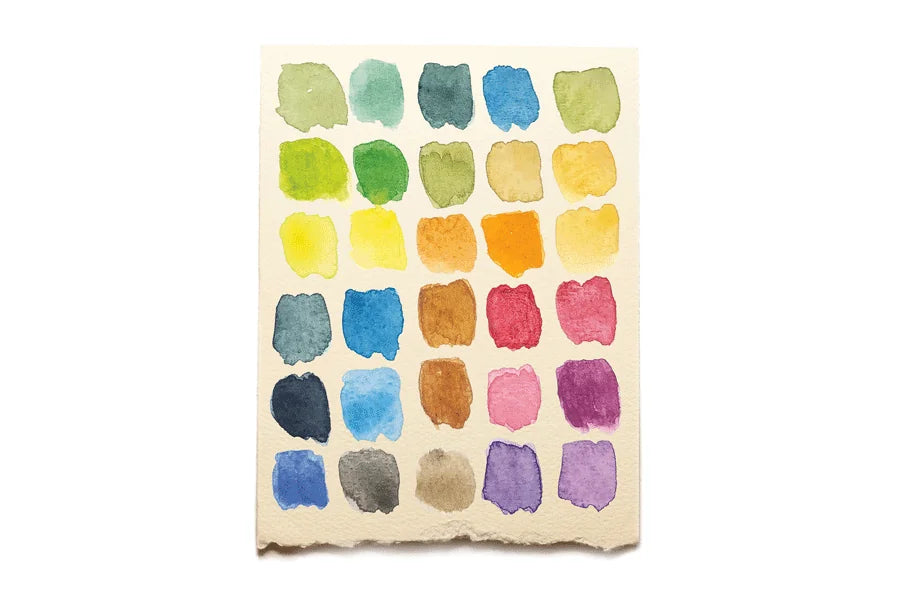 Color swatch book with various colored squares on a white background