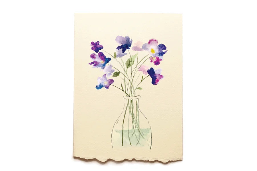 Card with a illustration of a glass vase with flowers on a beige background