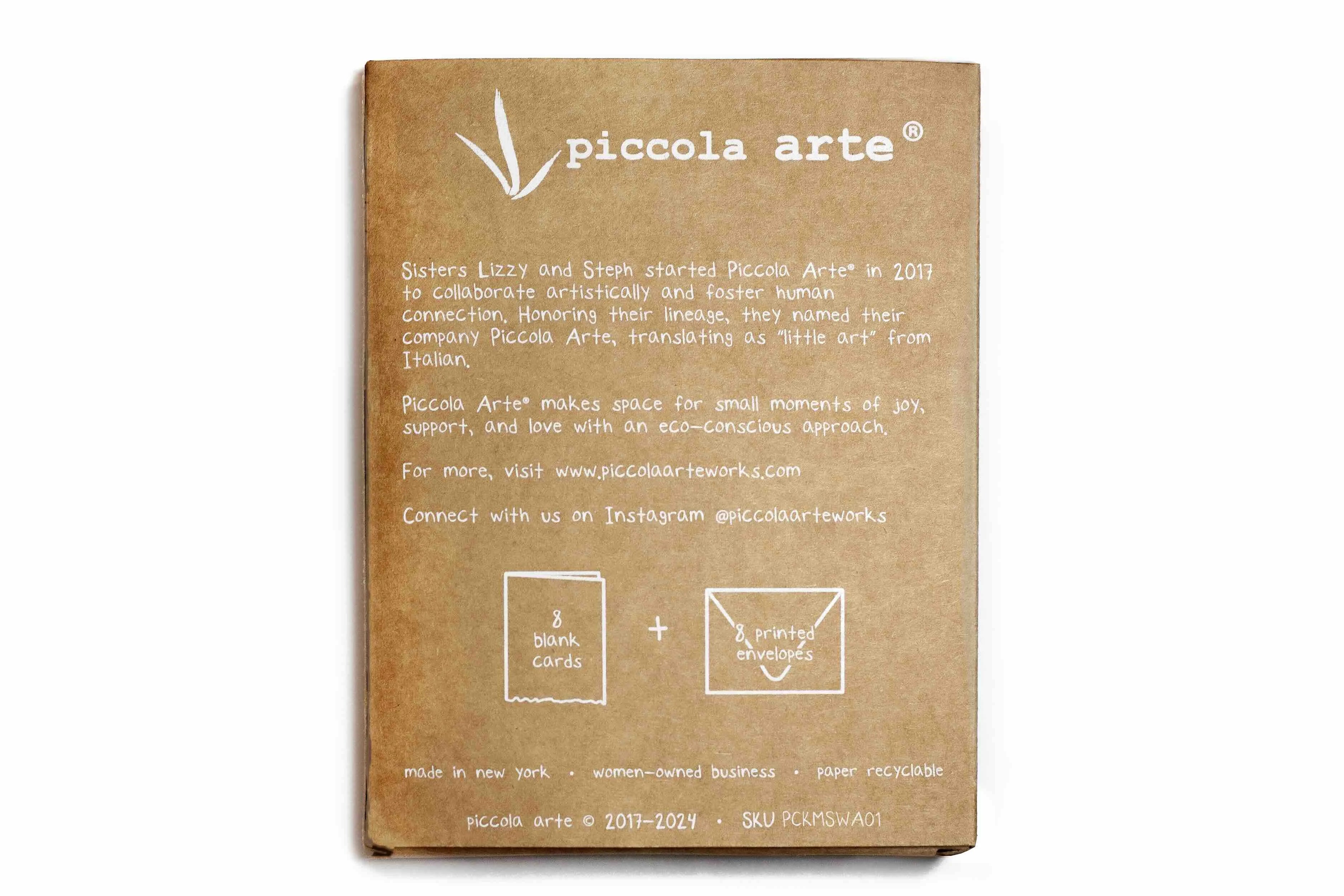 Piccola Arte product packaging with branding and product details on a white background