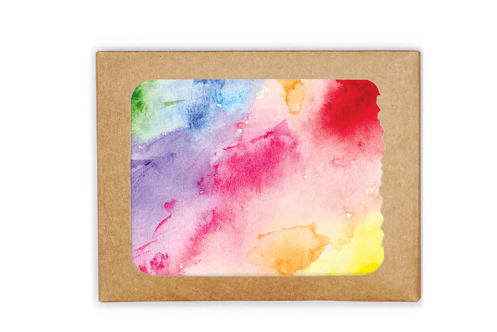 Colorful watercolor painting inside a brown cardboard frame on a white background