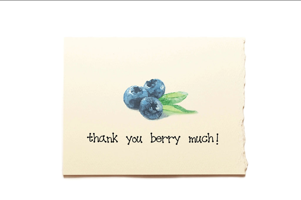 Note card with blueberries and 'thank you berry much!' text on a white background