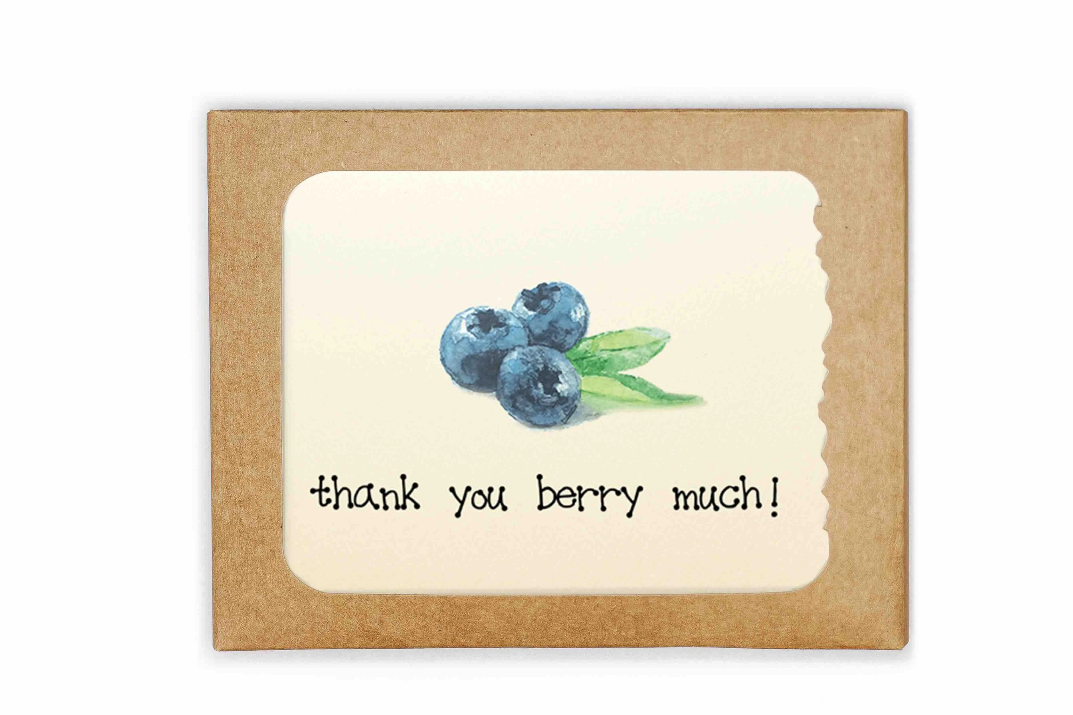 Card with blueberries and 'thank you berry much!' text on a kraft paper background