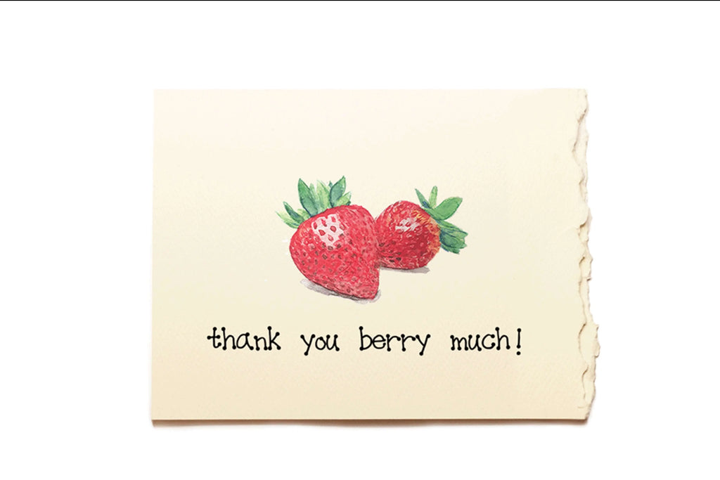 Note card with strawberries and 'thank you berry much!' text on a white background