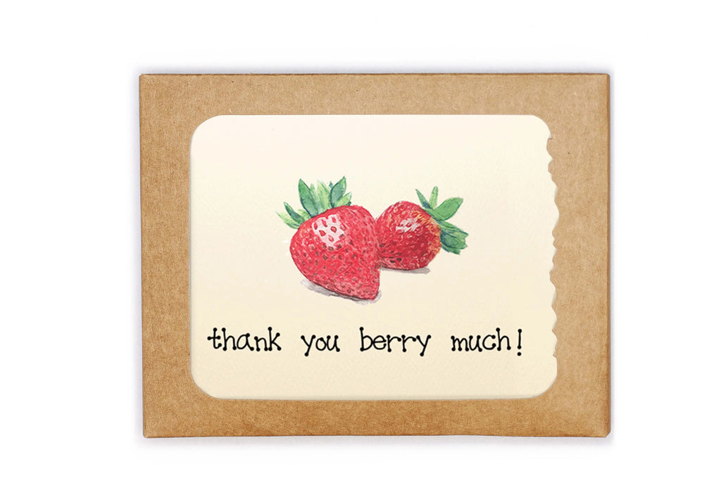 Card with strawberries and 'thank you berry much!' text on a white background