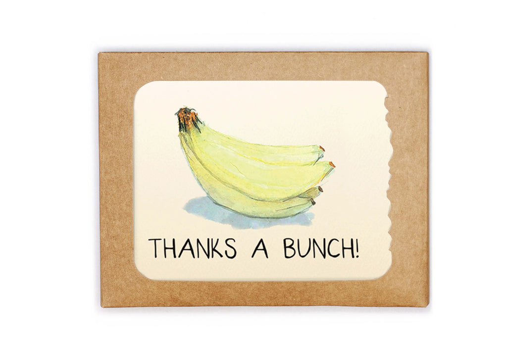 Card with a banana illustration and 'Thanks a Bunch!' text on a kraft paper background