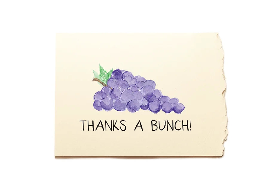 Note card with purple grapes illustration and 'Thanks a Bunch!' text on beige background
