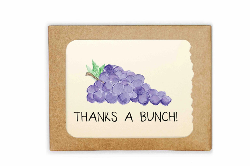 Card with purple grapes illustration and 'Thanks a Bunch!' text on a kraft paper background