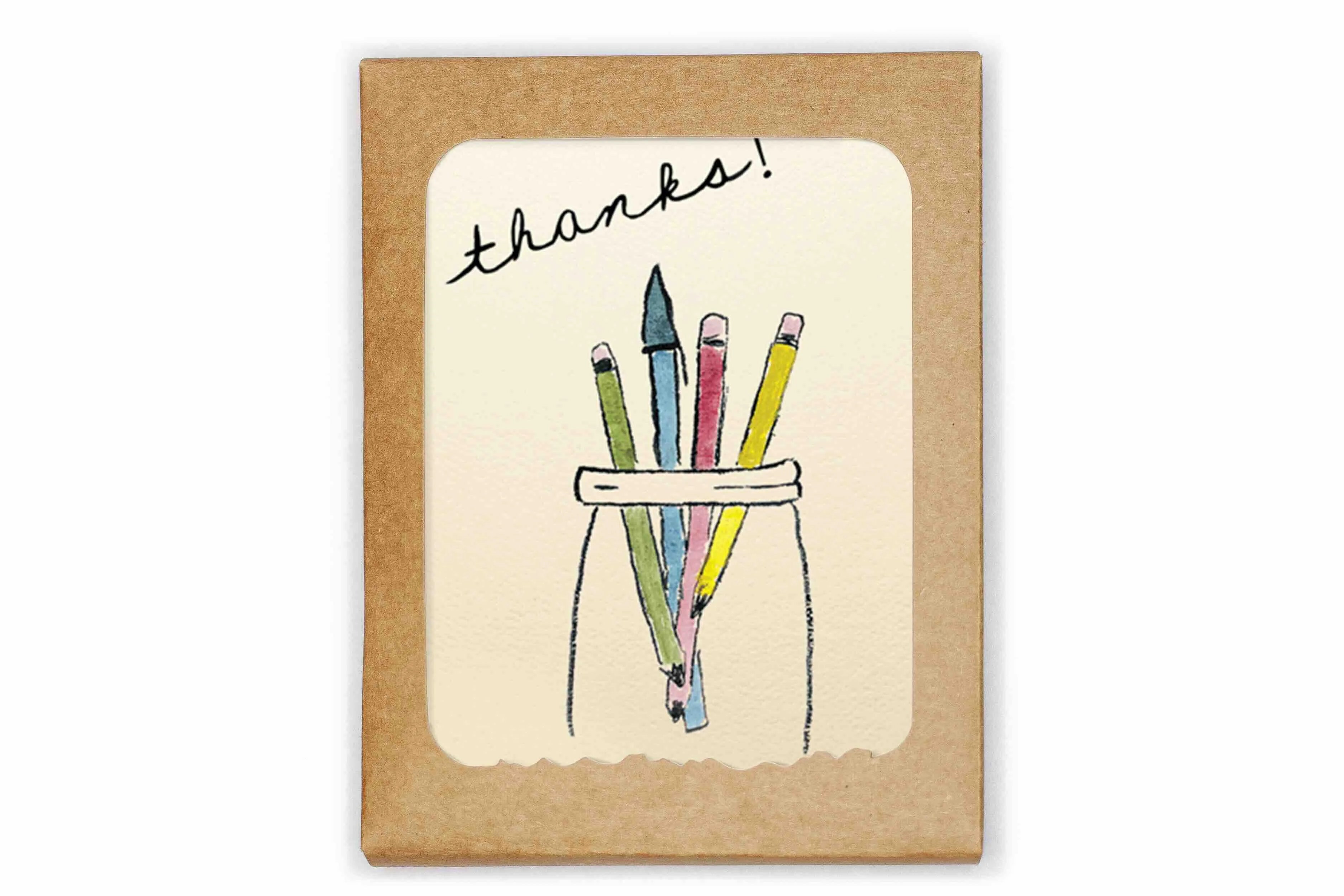 Card with colorful pencils and 'thanks!' text on a beige background