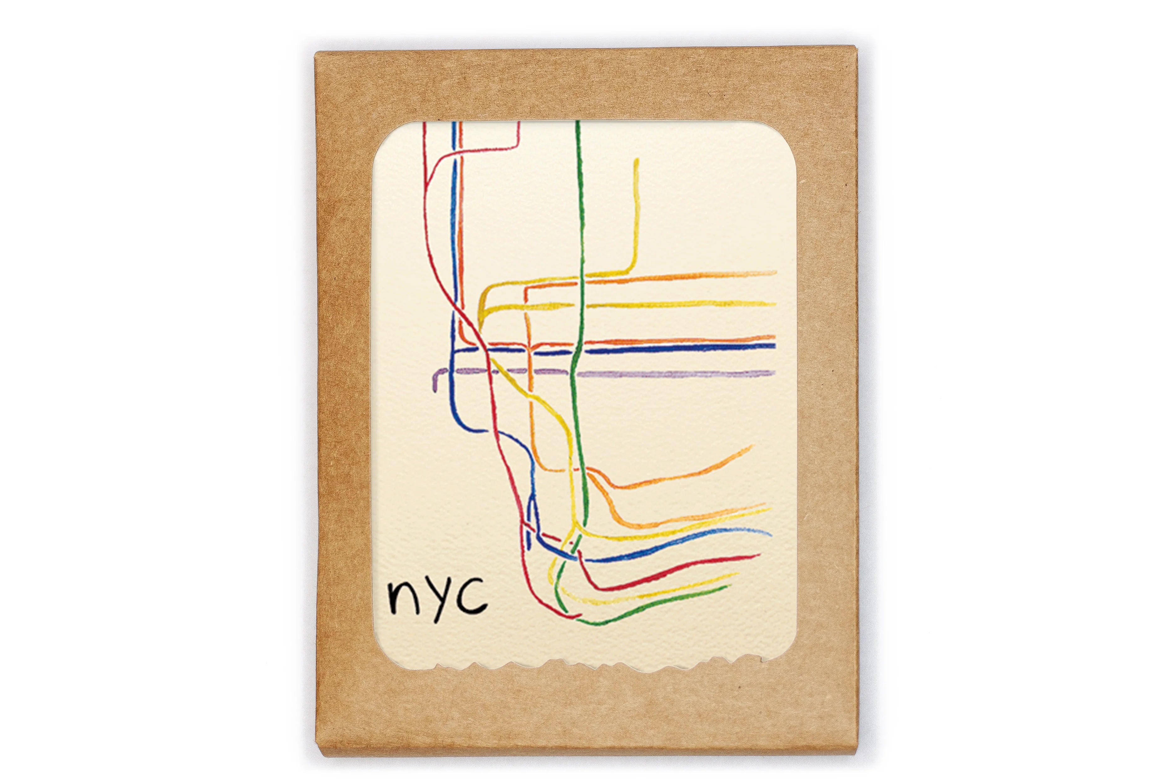 Framed drawing of a colorful NYC subway map on a plain background