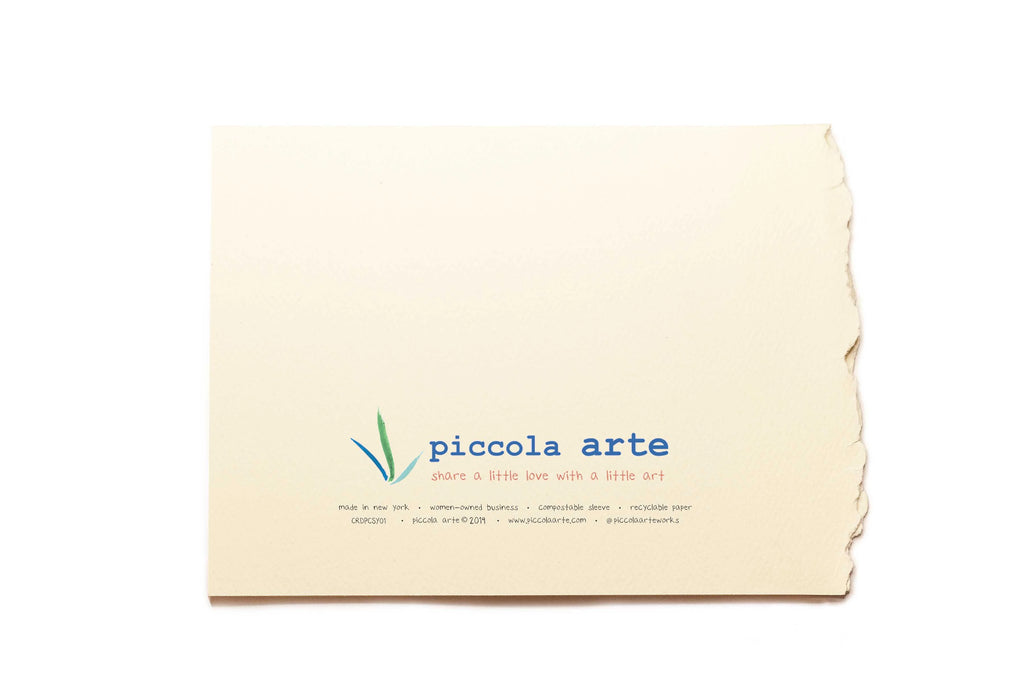 The back of a greeting card from piccola's arte.