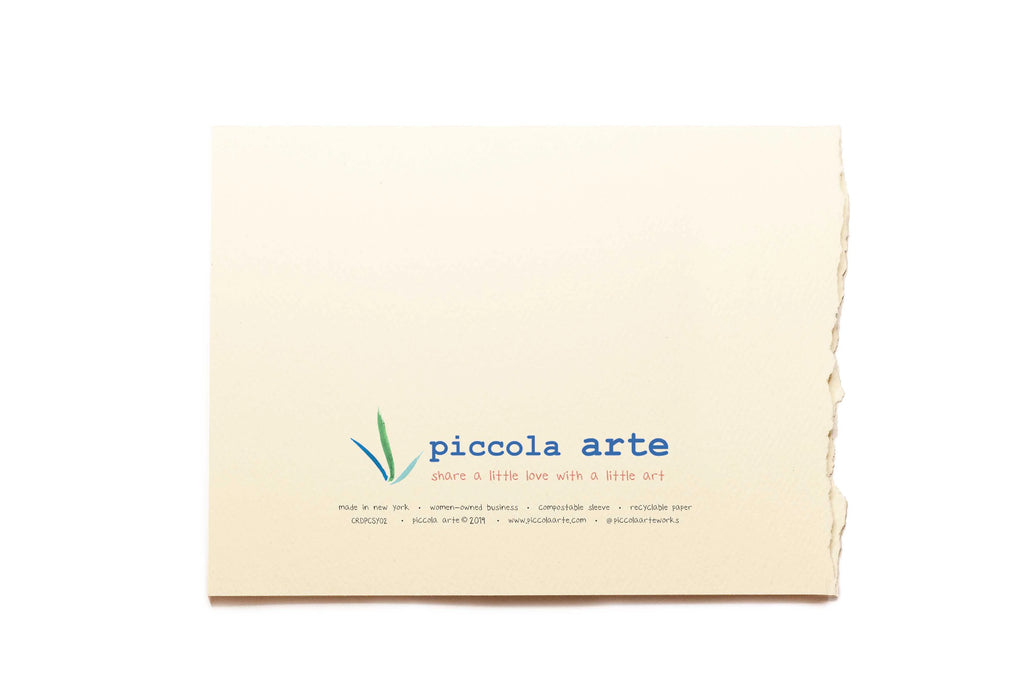 The back of a greeting card from piccola's arte.