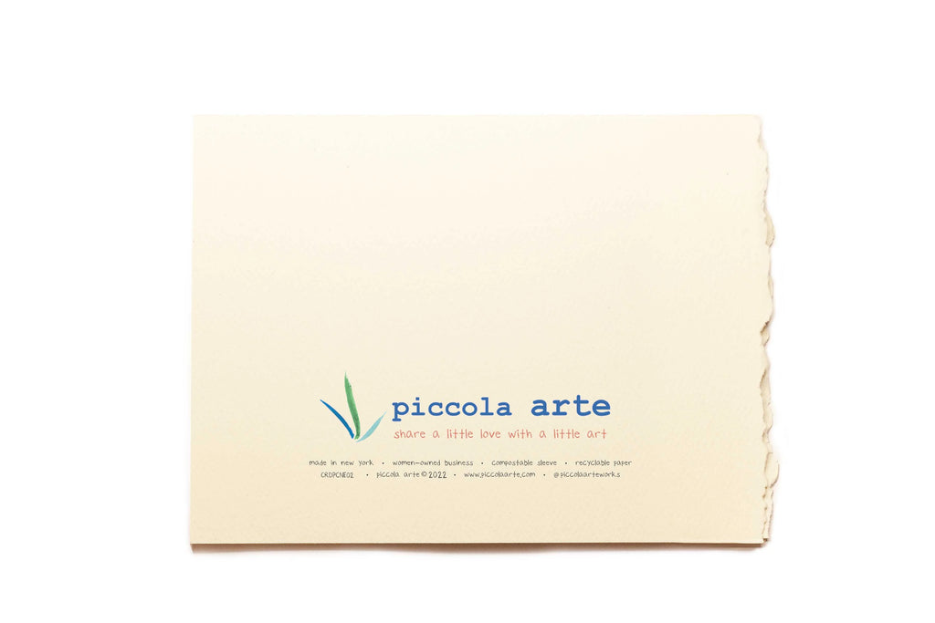 The back of a greeting card from piccola's arte.