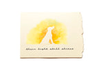 Note card with a silhouette of a dog and watercolor sun, text 'their light still shines' on a white background.