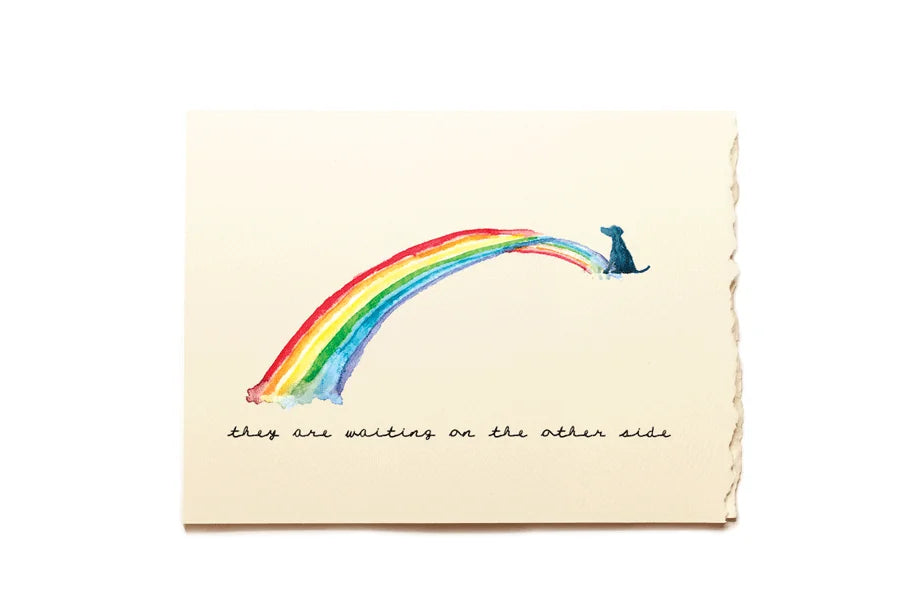 Note card with a rainbow and dog illustration on a beige background