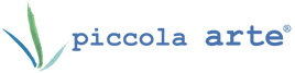 Logo of piccola arte with blue text and green leaf-like design on a white background