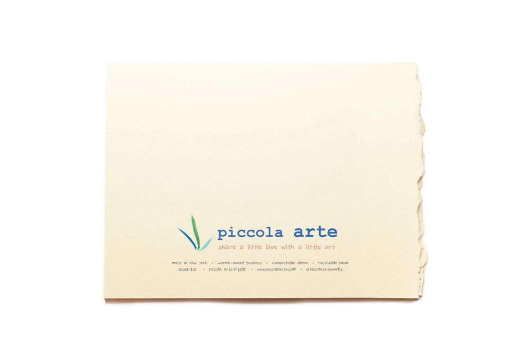 The back of a greeting card from piccola's arte.