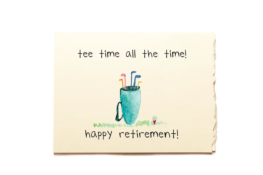 Greeting card with a teacup and straws illustration and text 'tee time all the time! happy retirement!' on a beige background.