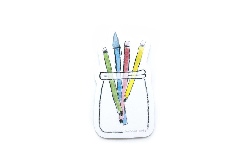 Illustration of colorful pencils in a glass jar on a white background