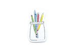 Illustration of colorful pencils in a glass jar on a white background