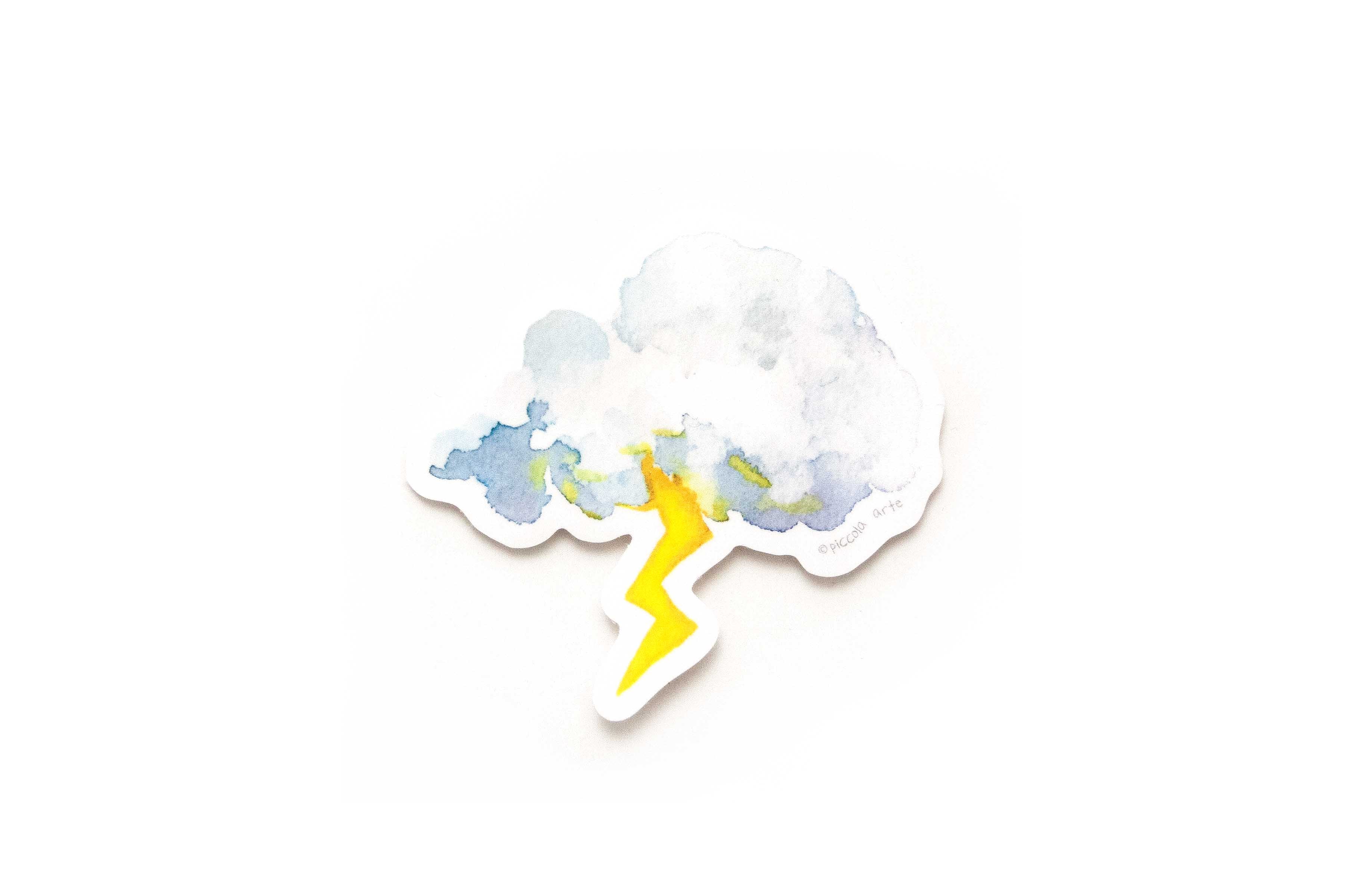 Sticker of a cloud with a lightning bolt on a white background
