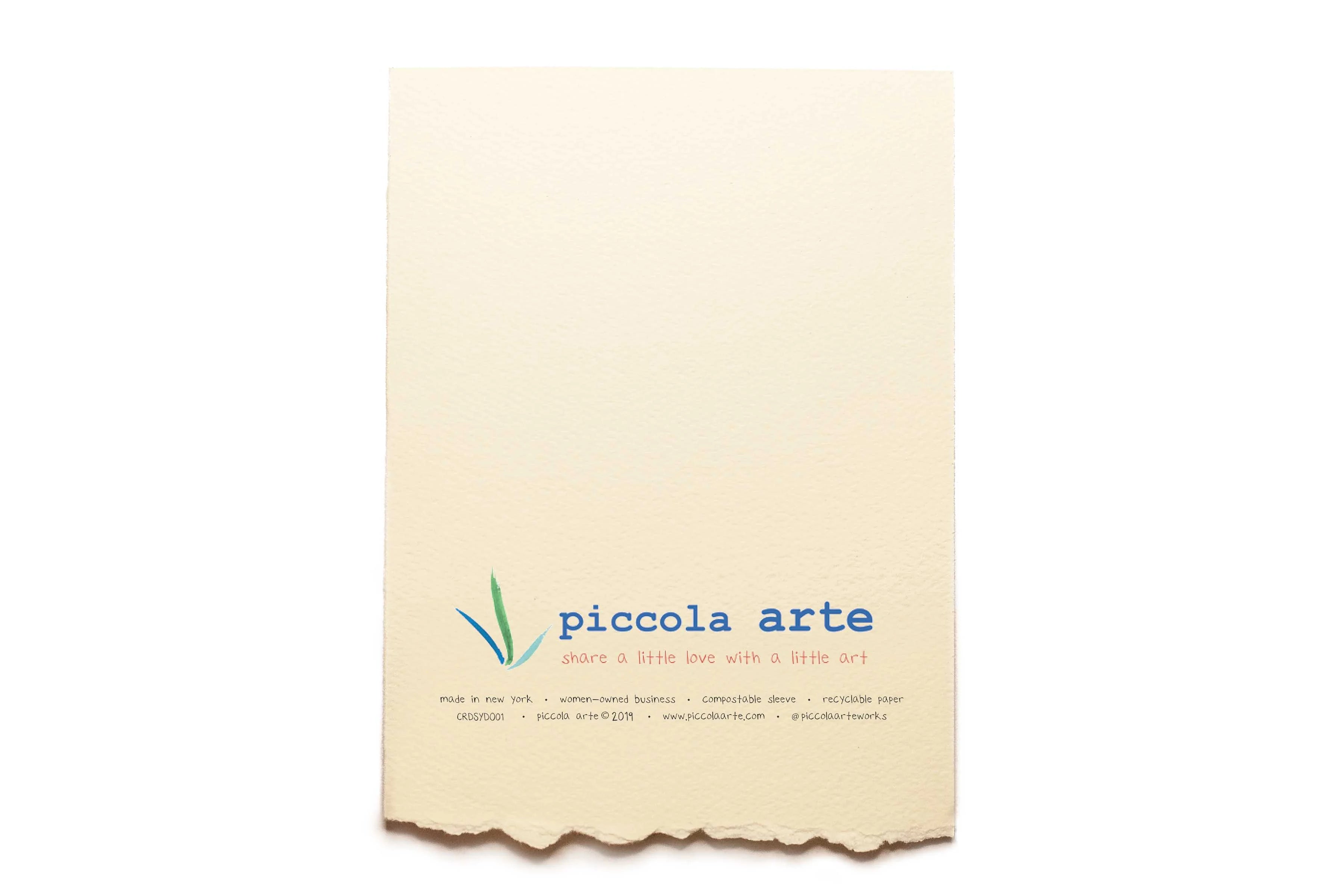 The back of a greeting card from piccola's arte.