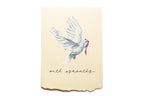 White dove with a purple ribbon on a beige card with 'with sympathy' text