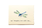 Card with a dragonfly illustration and text 'our thoughts are with you...' on a beige background