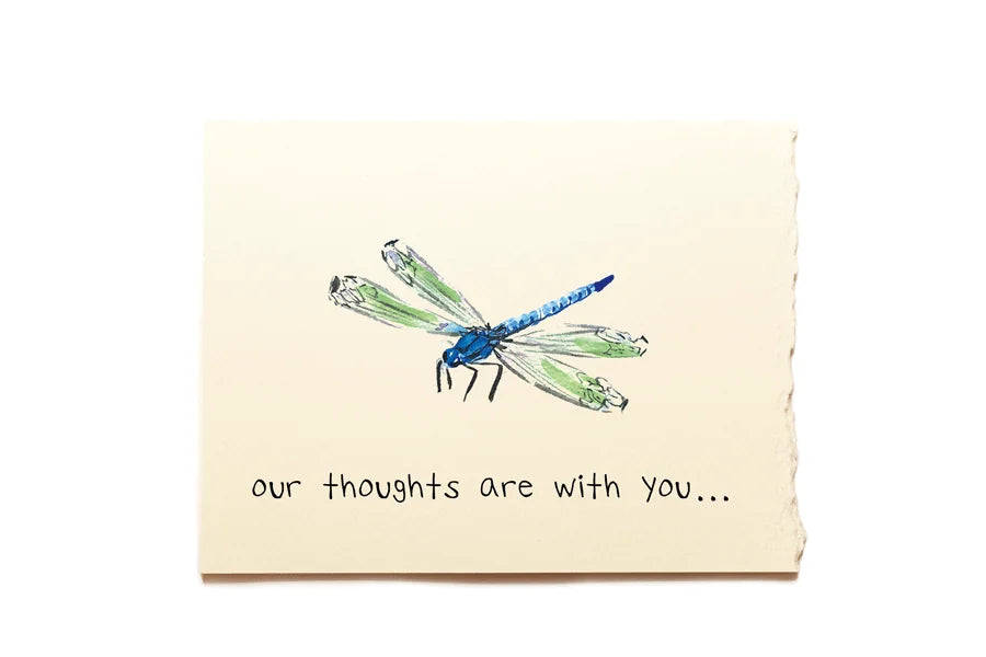 Card with a dragonfly illustration and text 'our thoughts are with you...' on a beige background