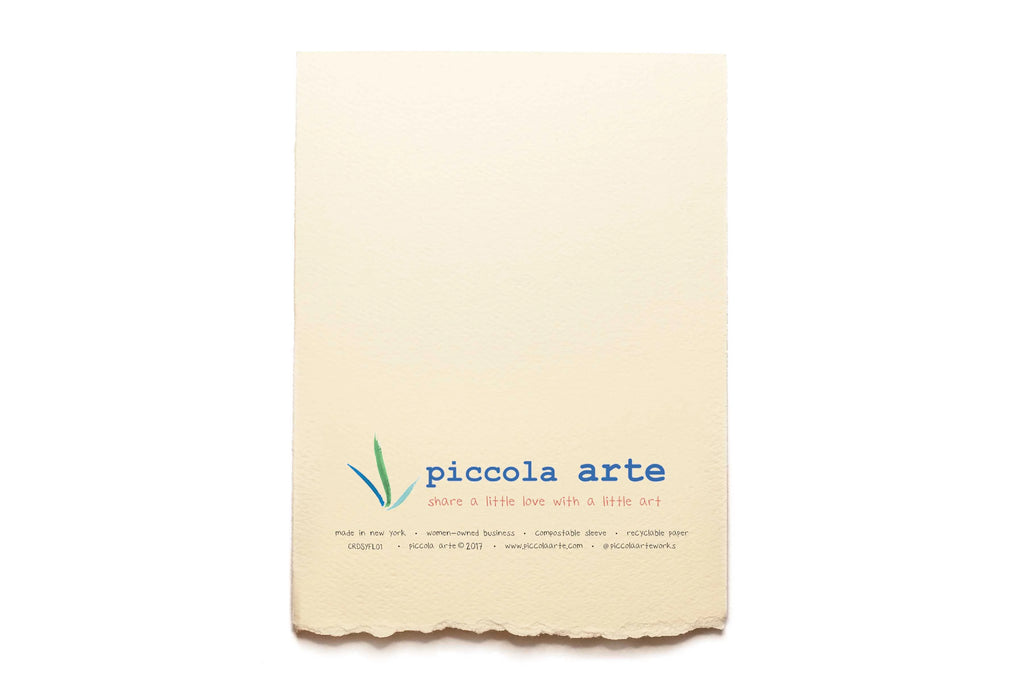 The back of a greeting card from piccola's arte.