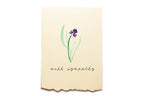Card with a purple flower illustration and 'with sympathy' text on a beige background